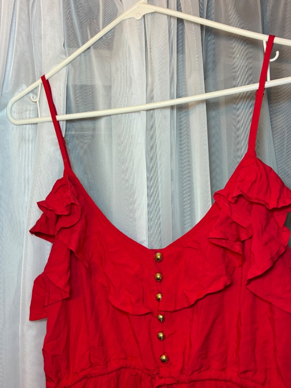 Red Button Front Ruffle Spaghetti Strap Midi Dress - Picture 2 of 3